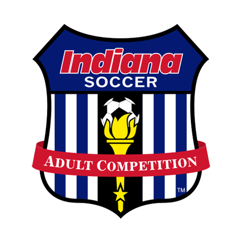 Indiana Soccer Adult Competition logo featuring a shield with blue stripes, a soccer ball, and a torch.